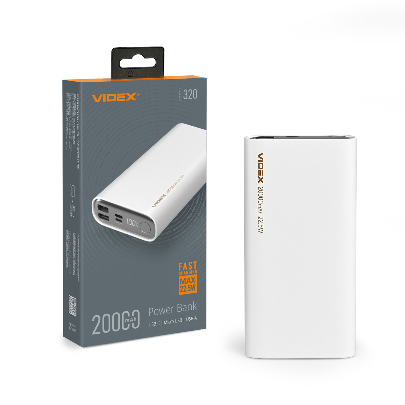 Повербанк 20000mAh VIDEX VPB-320 22.5W White
